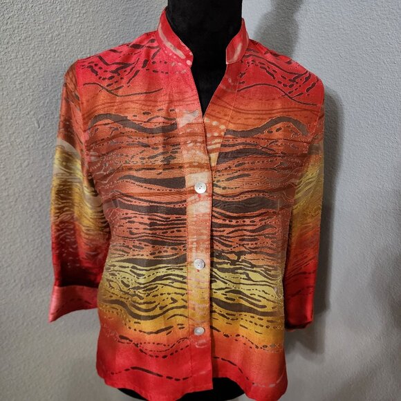 Ruby Rd Petite Blouse Womens 6P Red Sheer Roll Tab Sleeves - Picture 2 of 10